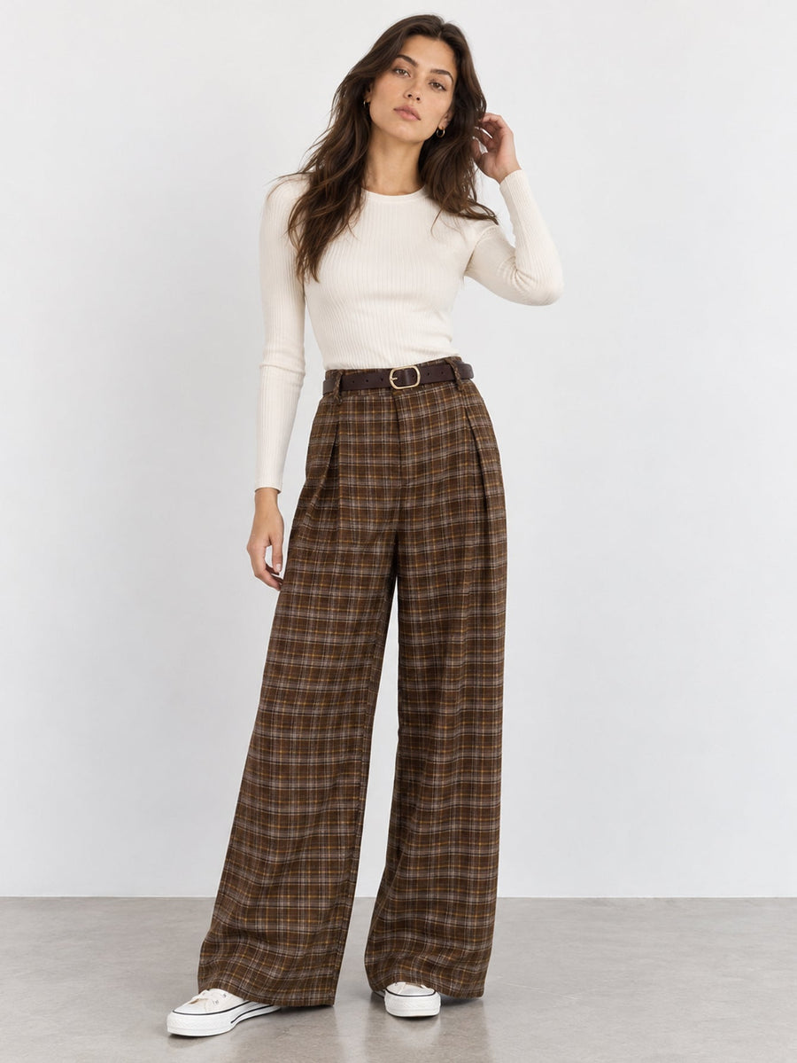 pantalon large à carreaux camel