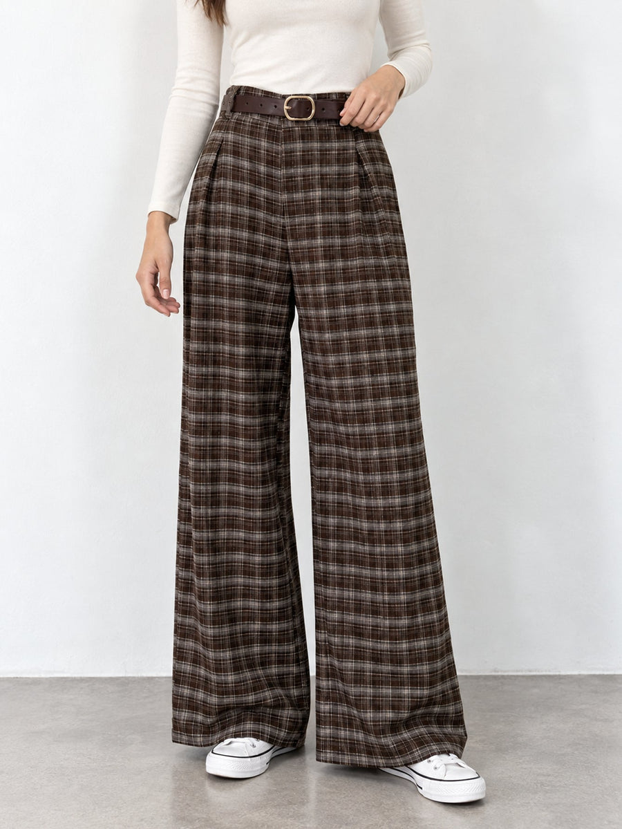pantalon large à carreaux marron