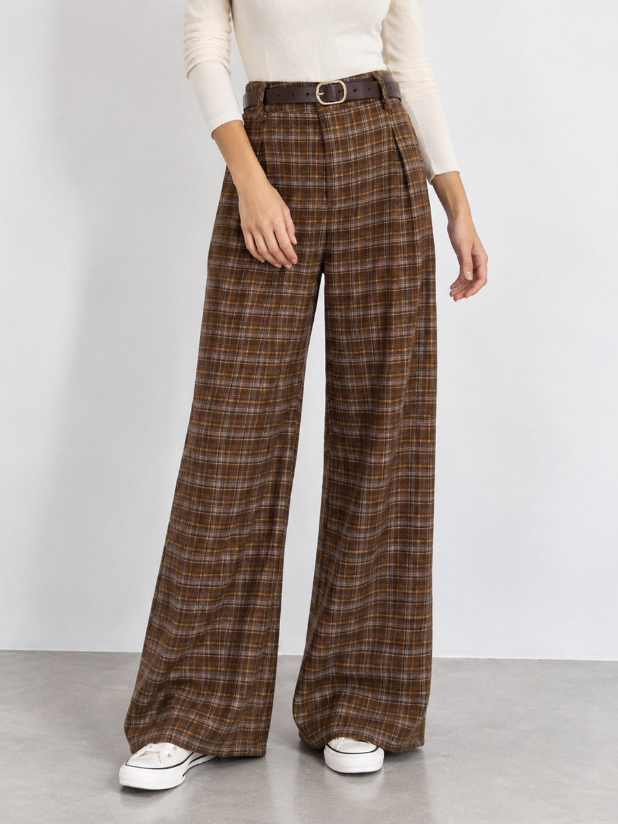 pantalon large à carreaux camel face