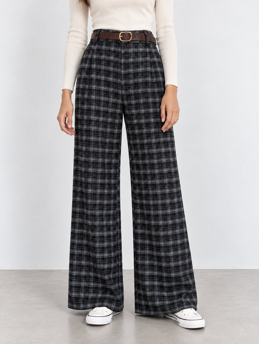 pantalon large à carreaux noir face