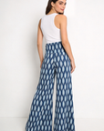Dos du pantalon flare imprimé bleu