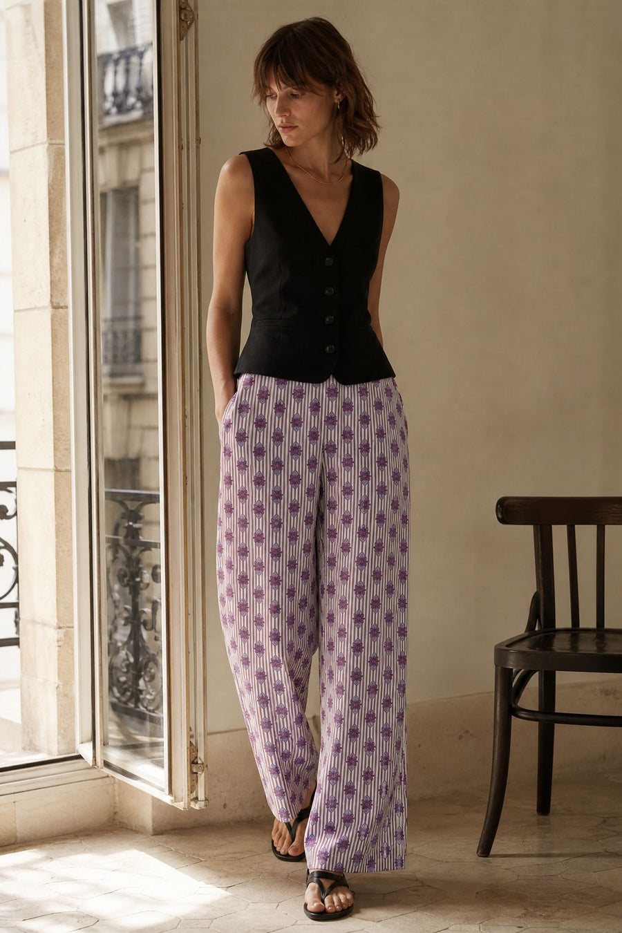 Pantalon large rayé et fleuri taille élastiquée