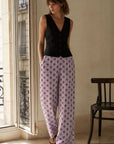 Pantalon large rayé et fleuri taille élastiquée