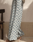 Pantalon large rayé et fleuri taille élastiquée