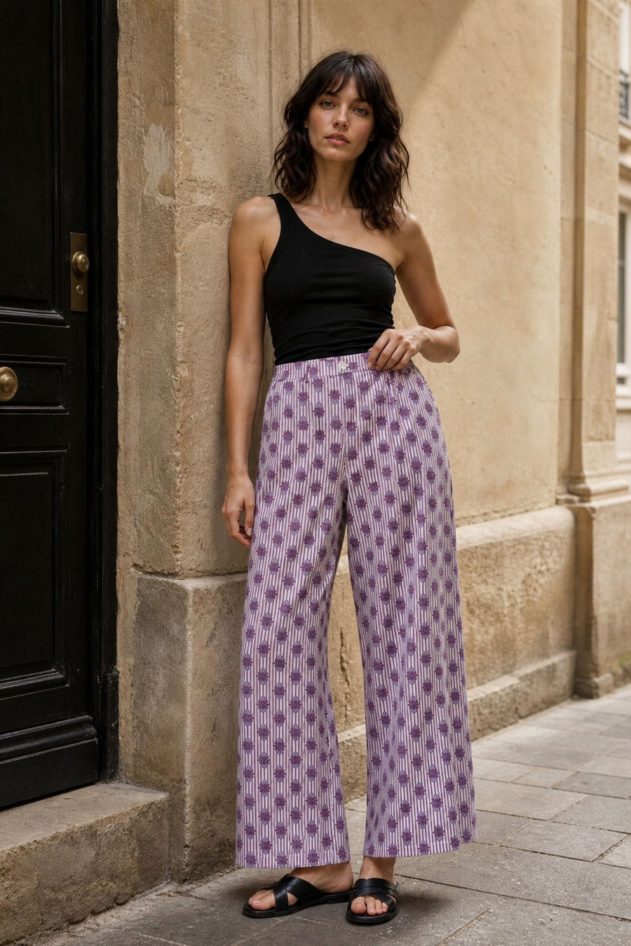 Pantalon large rayé et fleuri taille élastiquée