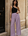 Pantalon large rayé et fleuri taille élastiquée