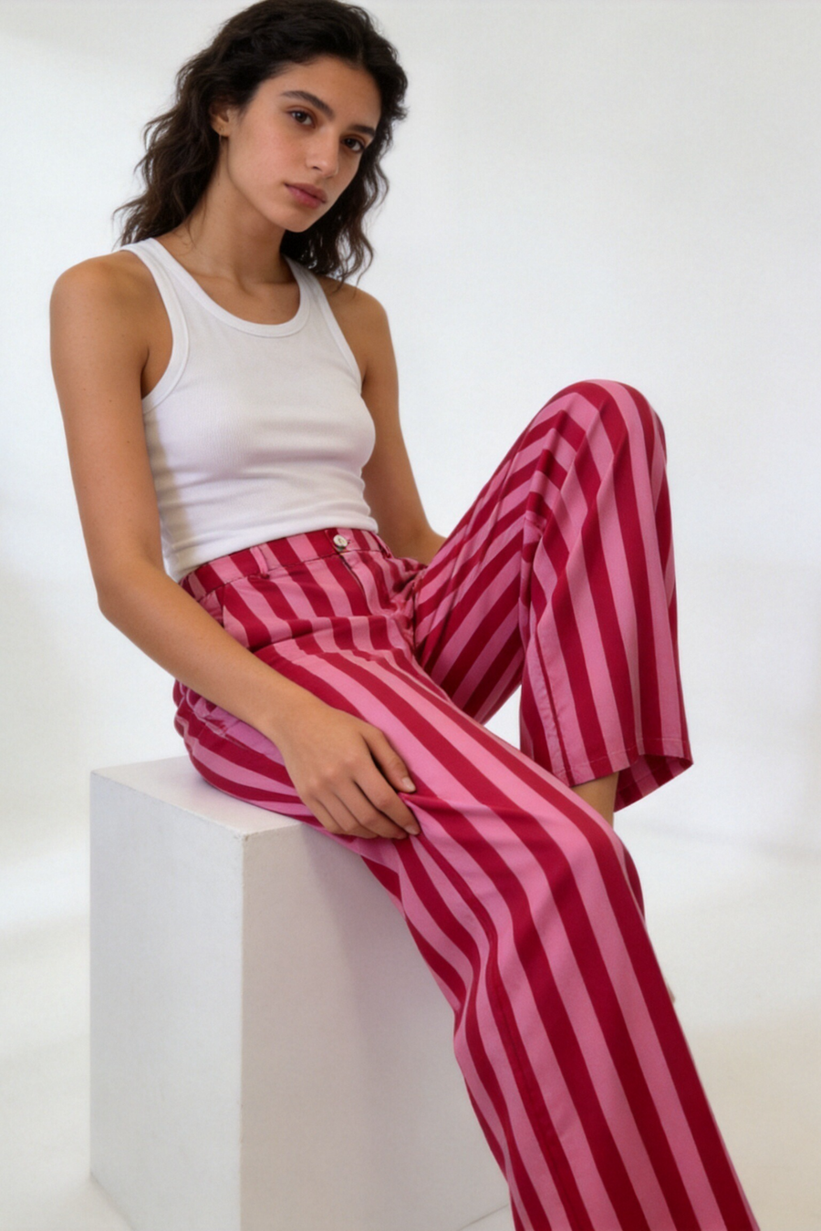 pantalon large rayé rose taille haute