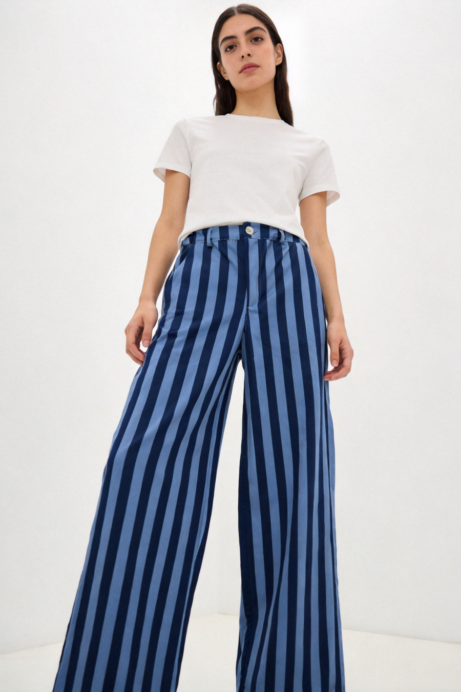 pantalon large rayé bleu nuit taille haute