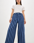 pantalon large rayé bleu nuit taille haute