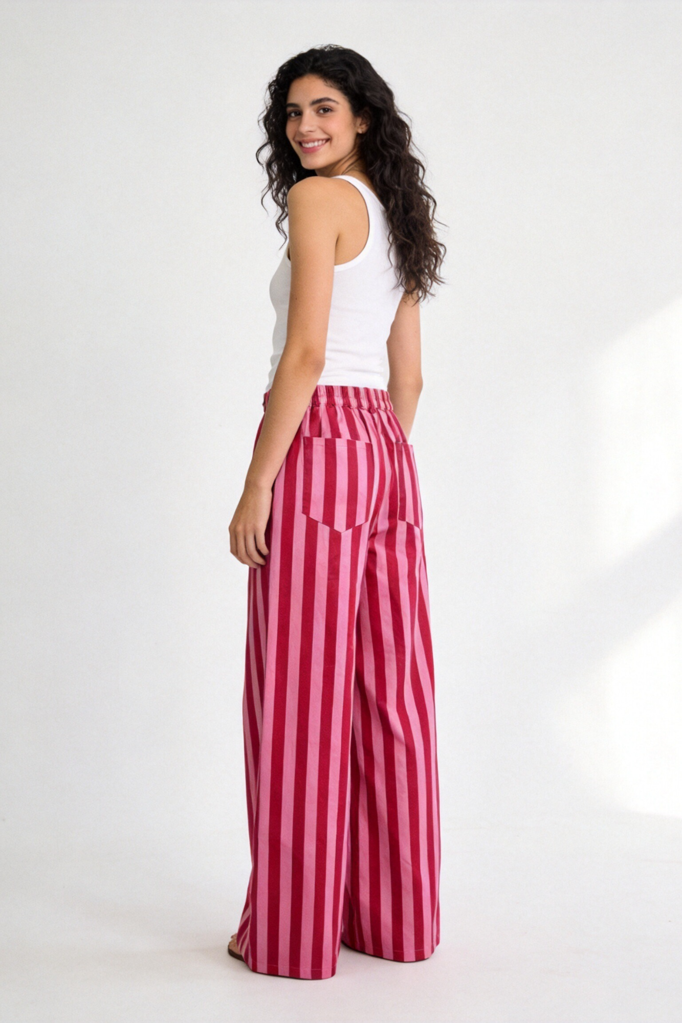 Dos pantalon rayé rose taille élastiquée