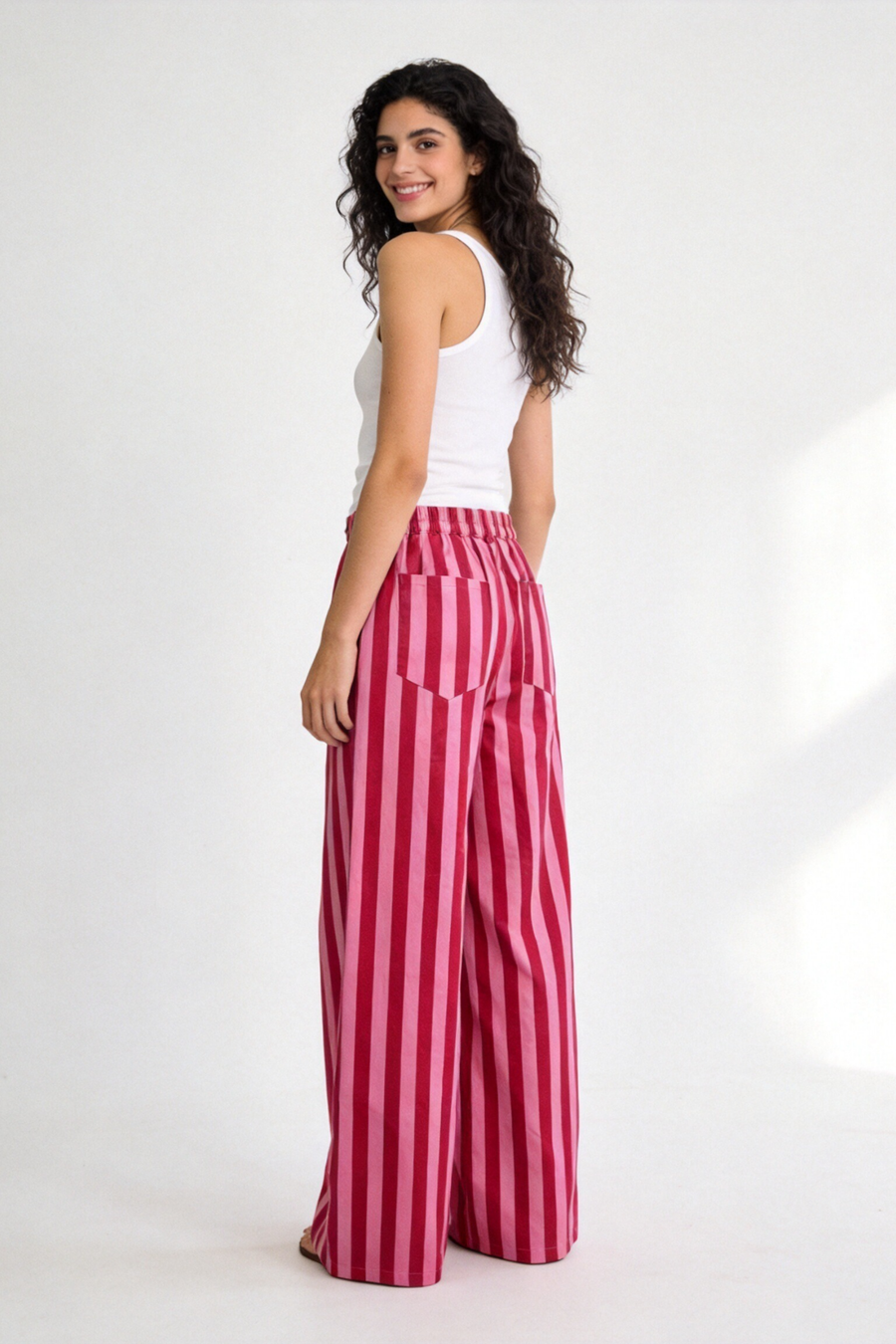 Dos pantalon rayé rose taille élastiquée