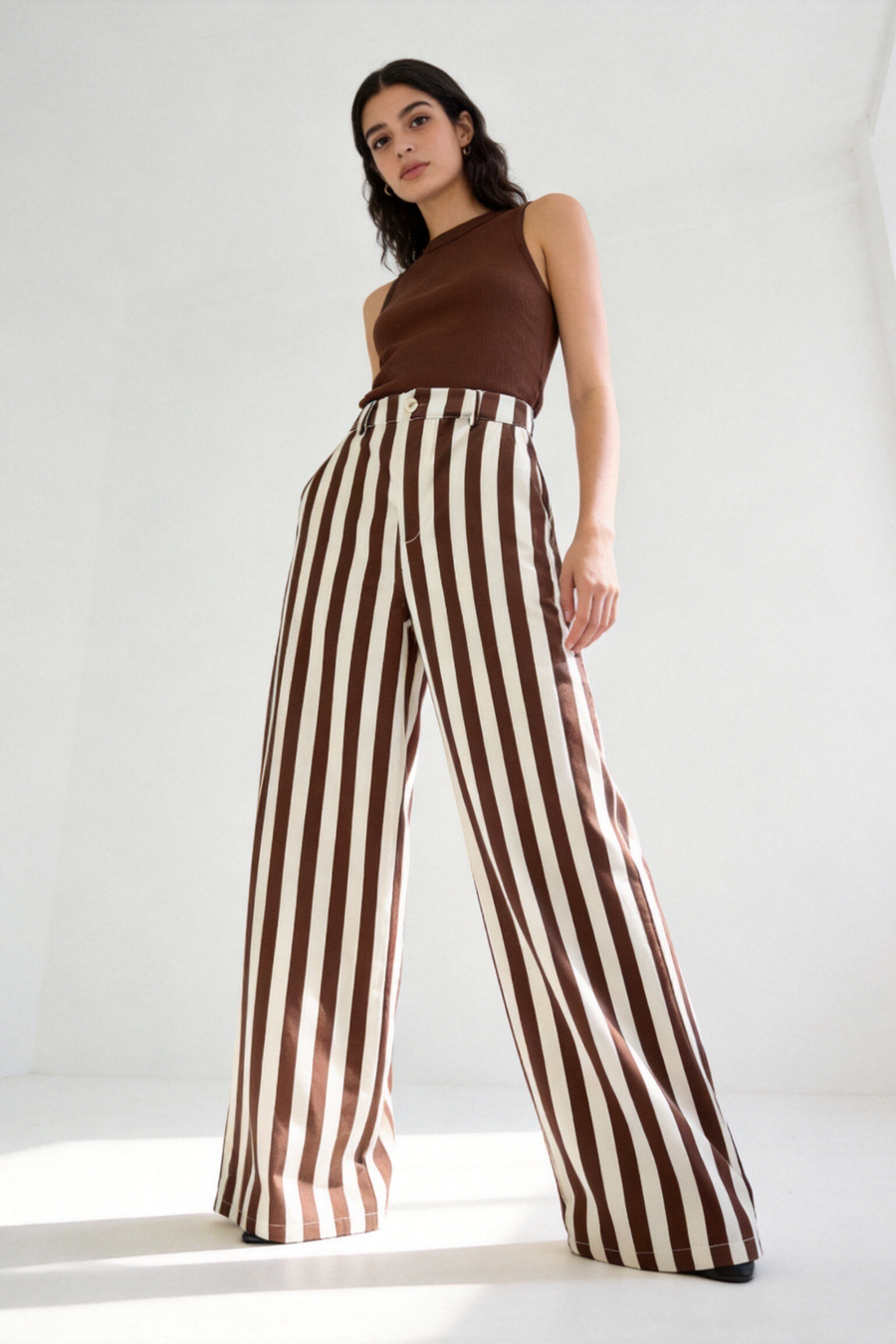 pantalon large rayé chocolat taille haute