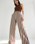 pantalon large rayé chocolat taille haute