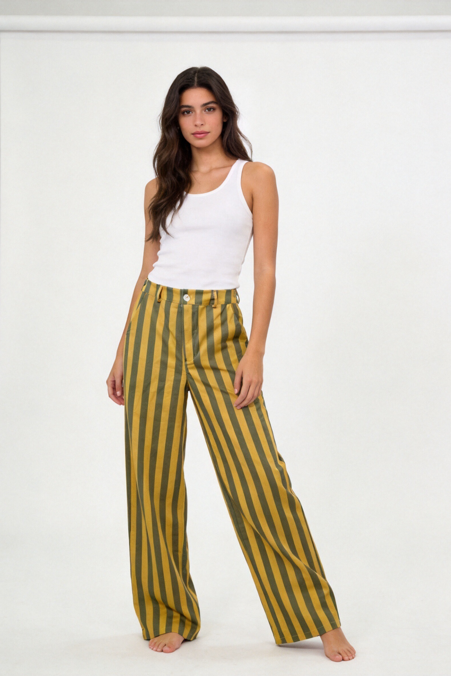 pantalon large rayé vert kaki taille haute