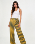 pantalon large rayé vert kaki taille haute