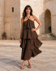 02. Robe Midi à Volants en coton fluide Encolure halter nouée Finitions italiennes