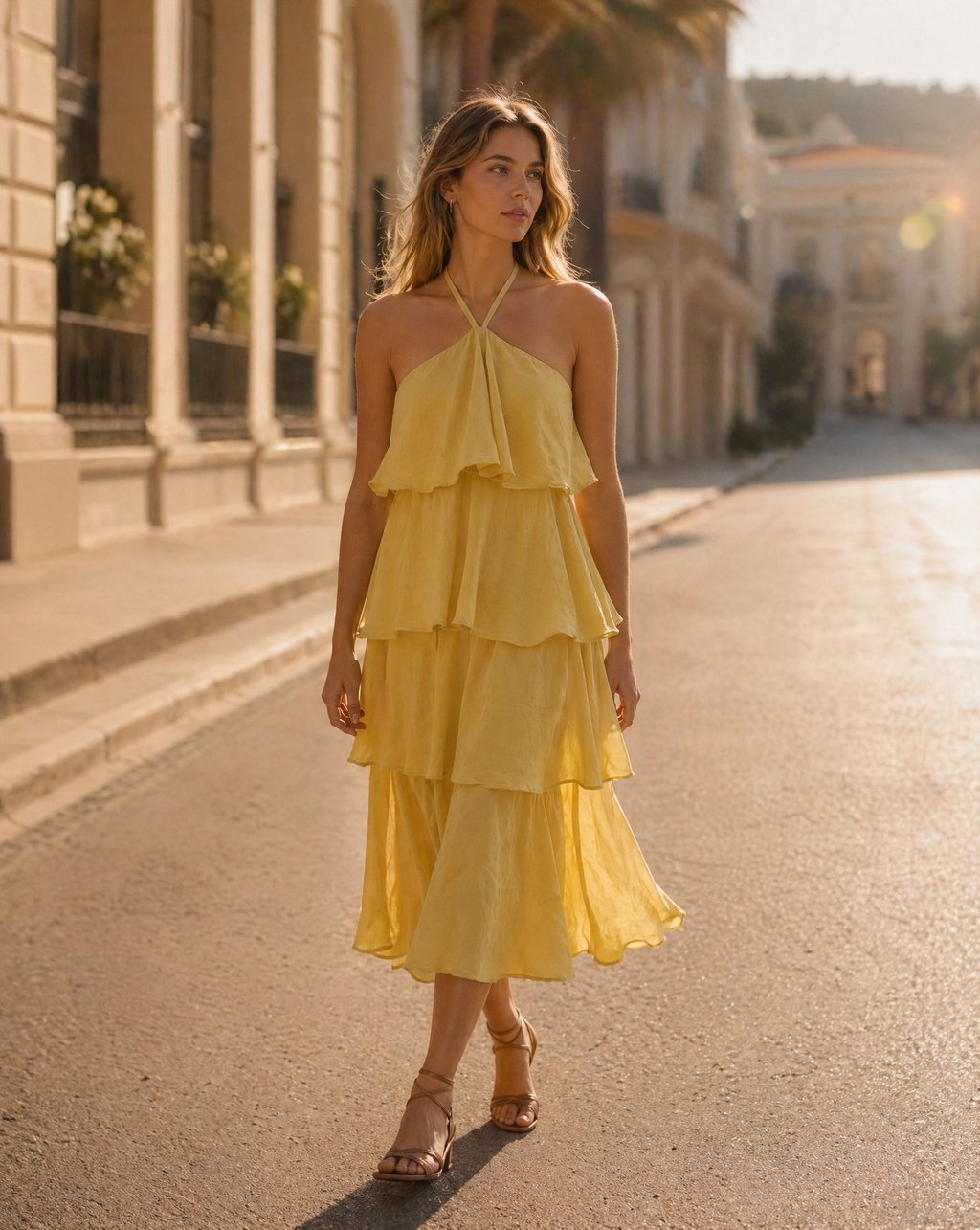 02. Robe Midi à Volants en coton fluide Encolure halter nouée Finitions italiennes