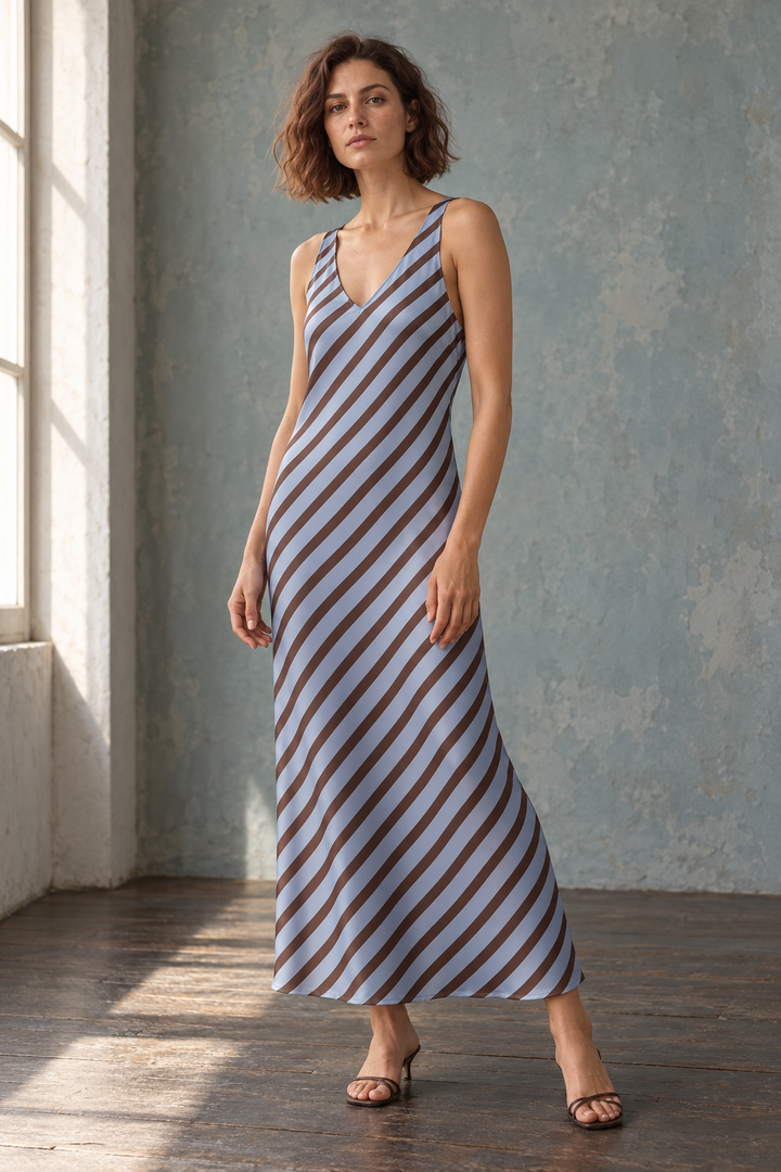 02. 02 robe midi satinee a rayures col v image 1