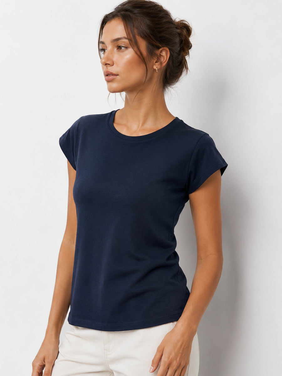 t shirt col rond bleu marine profil
