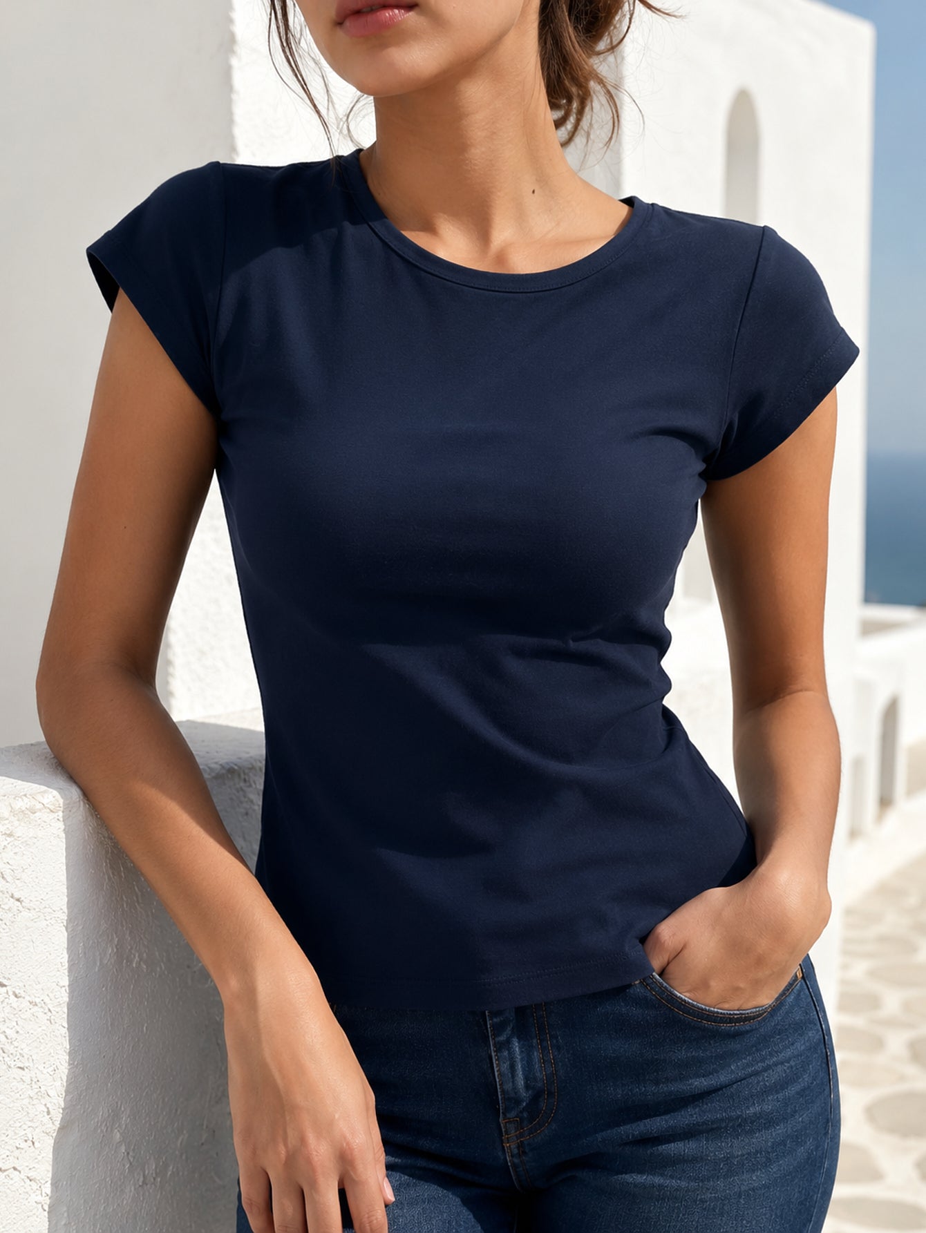 t shirt col rond bleu marine extérieur