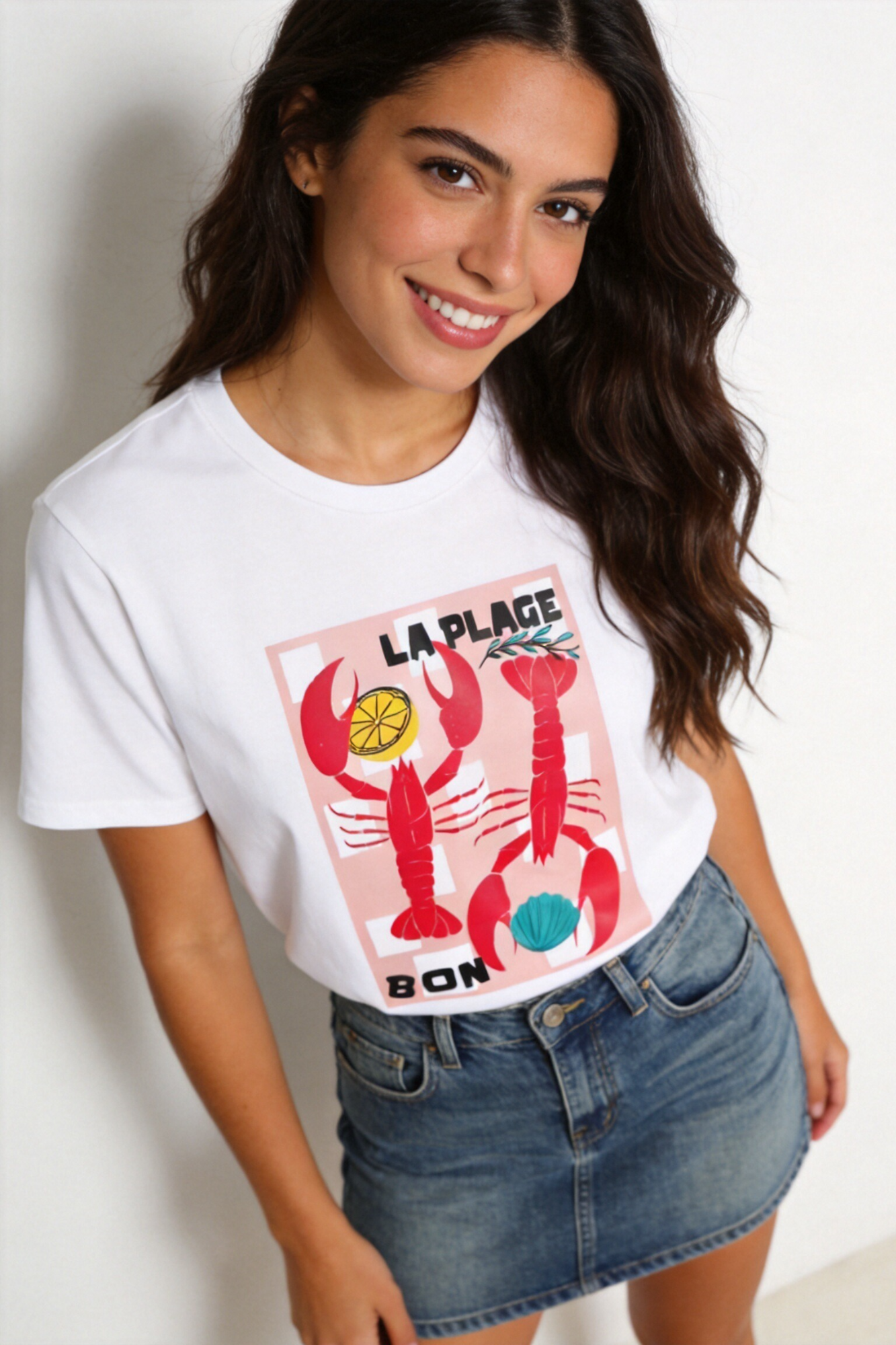T shirt blanc imprimé homards « LA PLAGE »