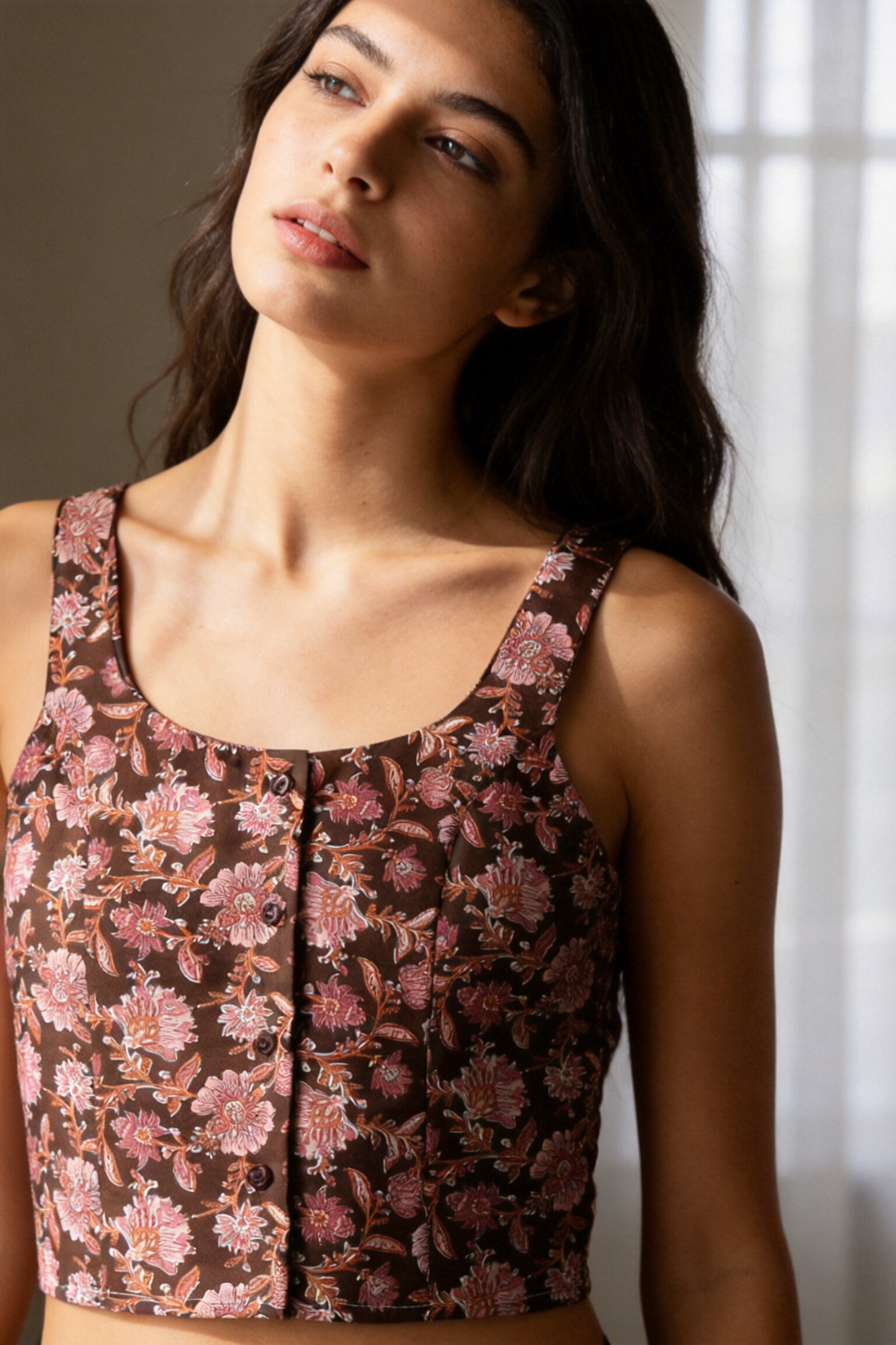 top fleuri boutonne en coton dos smocke image 2