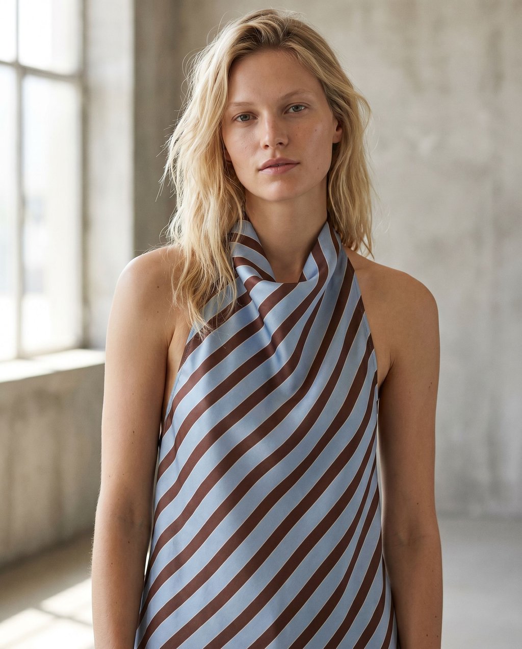 02. Top halter satiné drapé à rayures