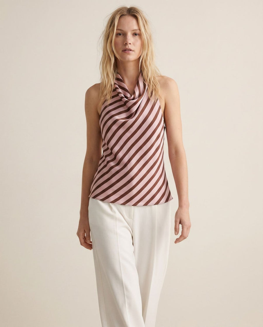 02. Top halter satiné drapé à rayures