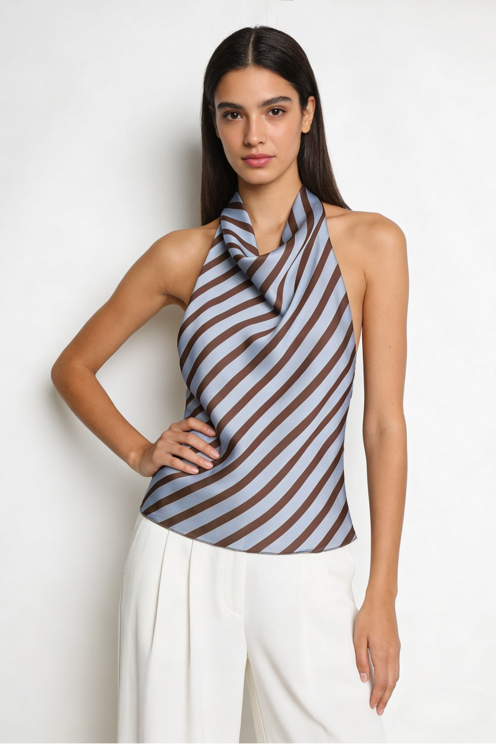 Top halter satiné à rayures bleu brun face