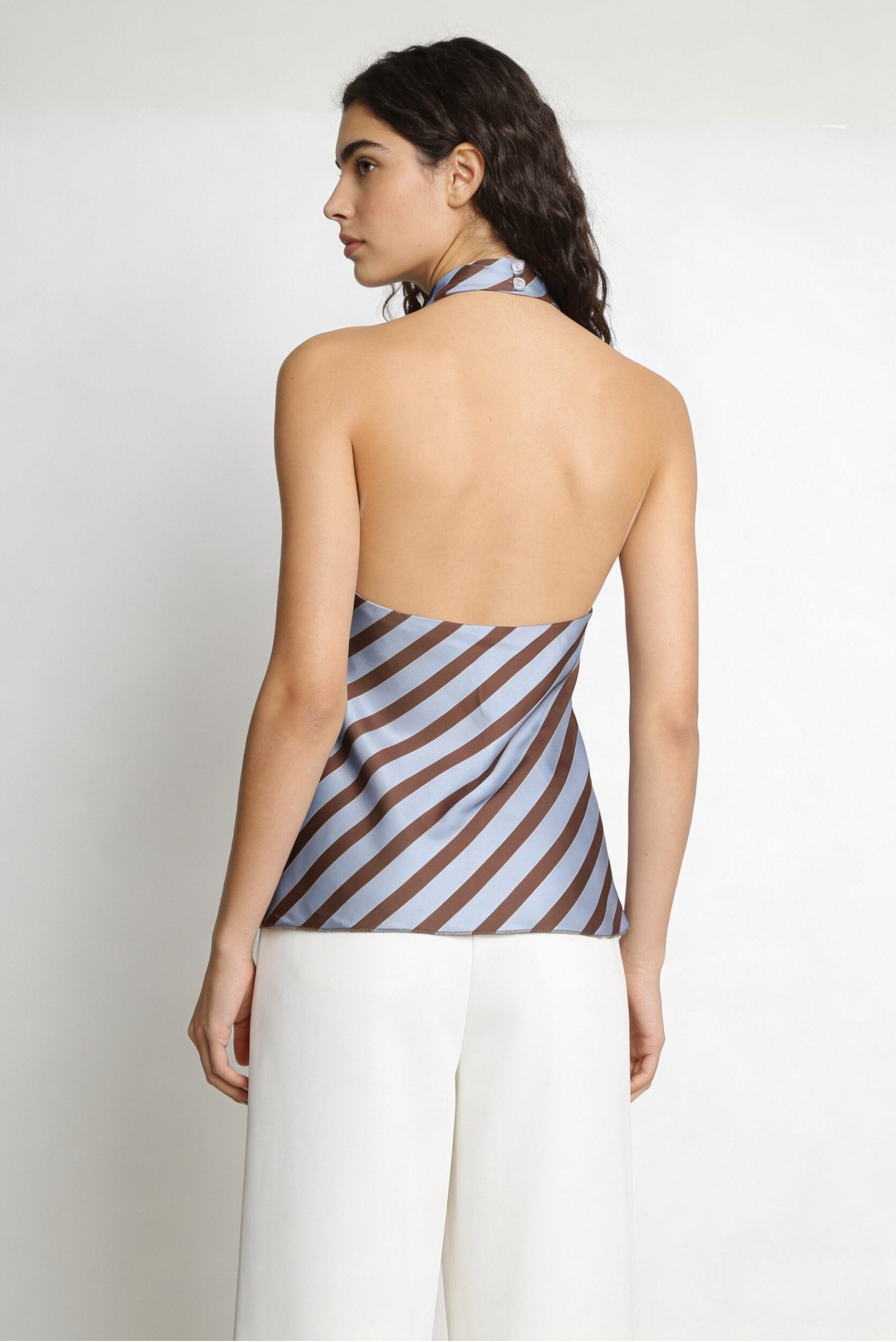 Top halter satiné à rayures bleu brun dos