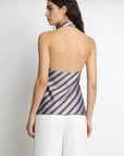Top halter satiné à rayures bleu brun dos