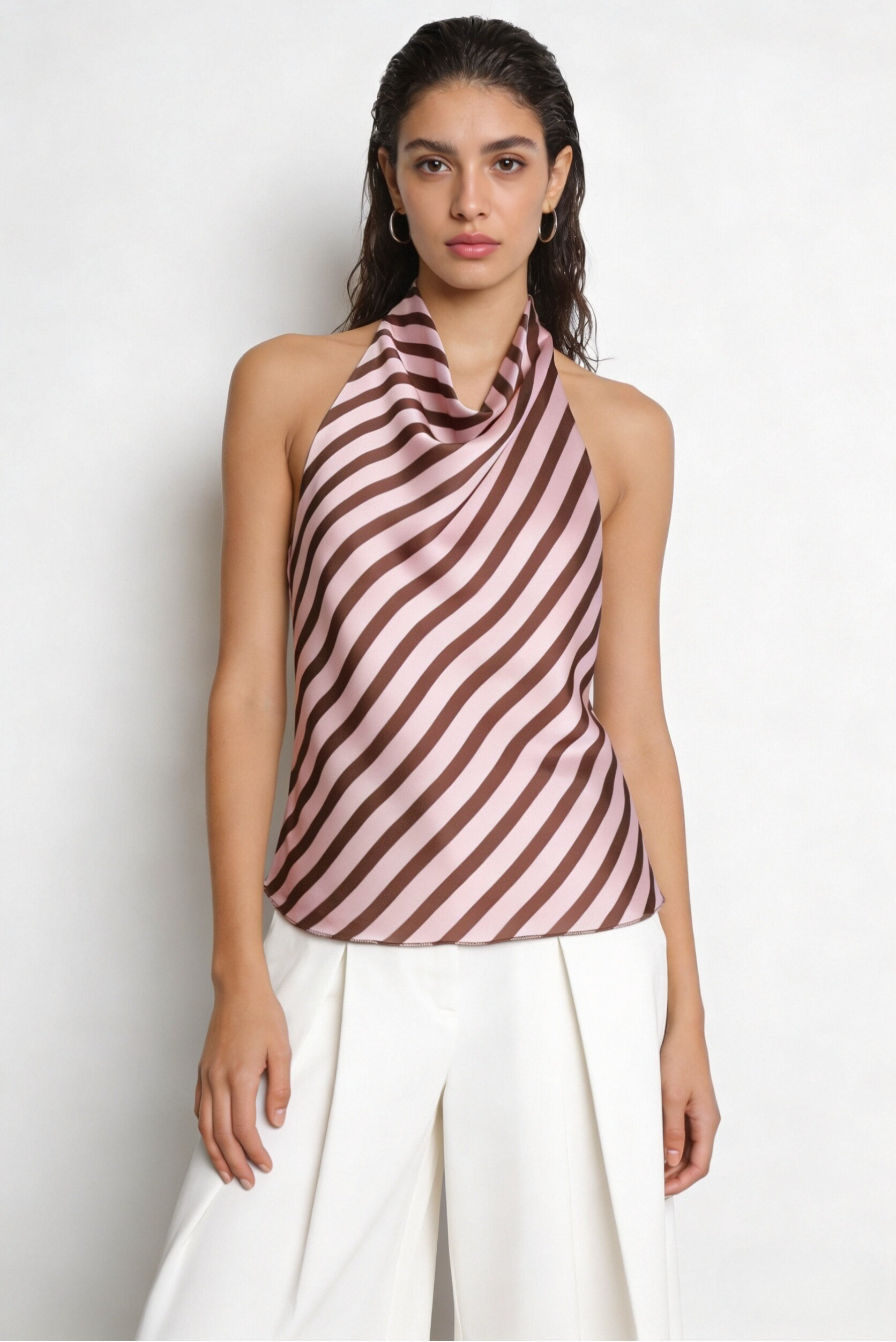 Top halter satiné à rayures rose brun face