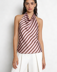 Top halter satiné à rayures rose brun face