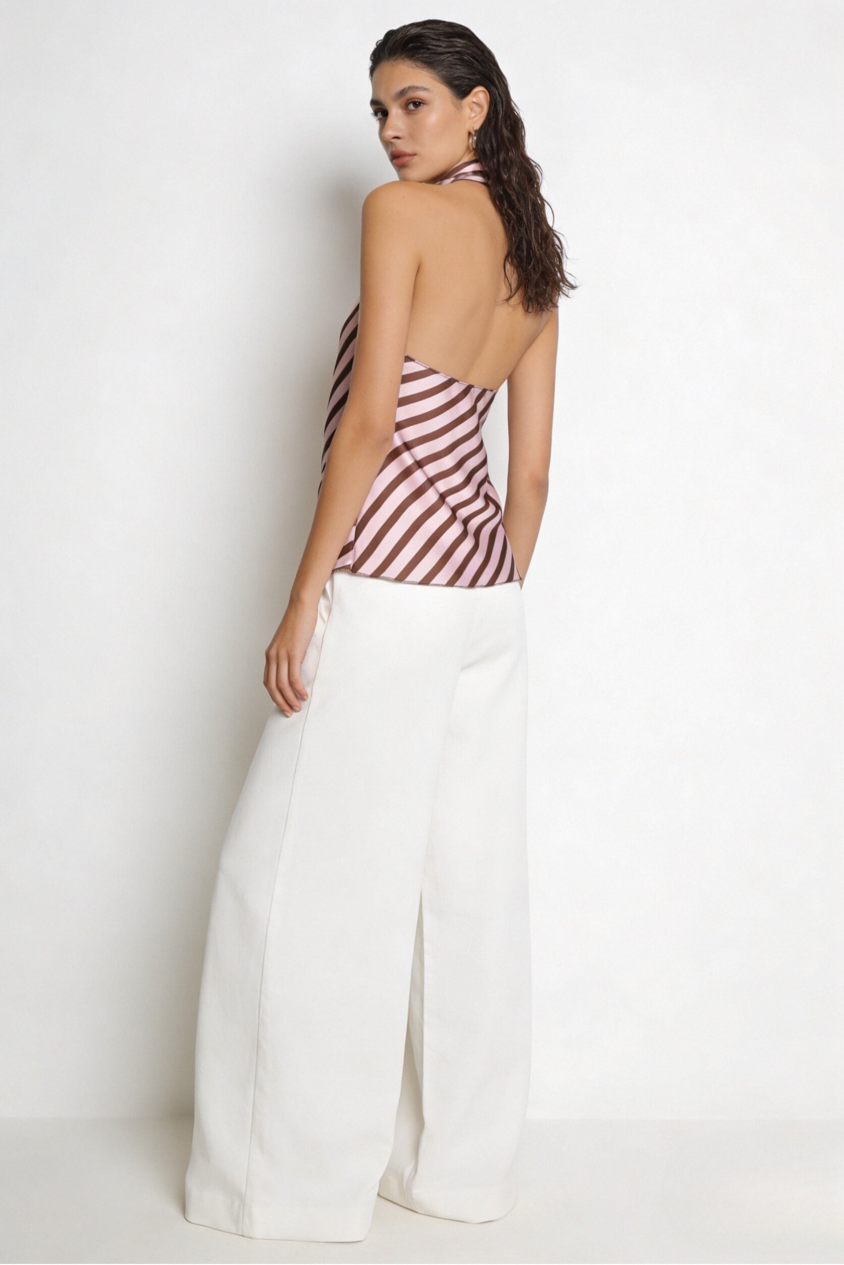 Top halter satiné à rayures rose brun dos