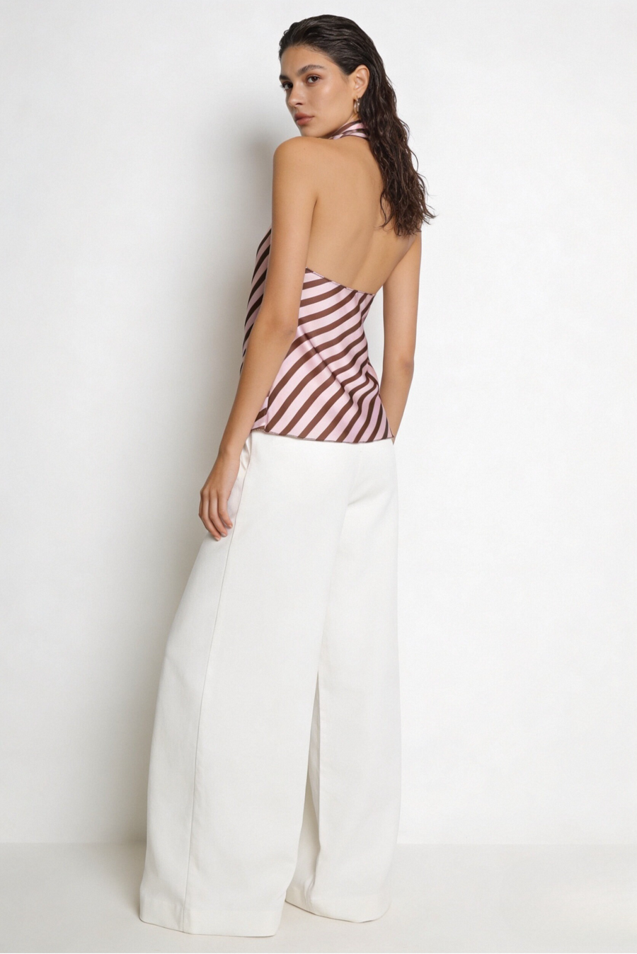 Top halter satiné à rayures rose brun dos