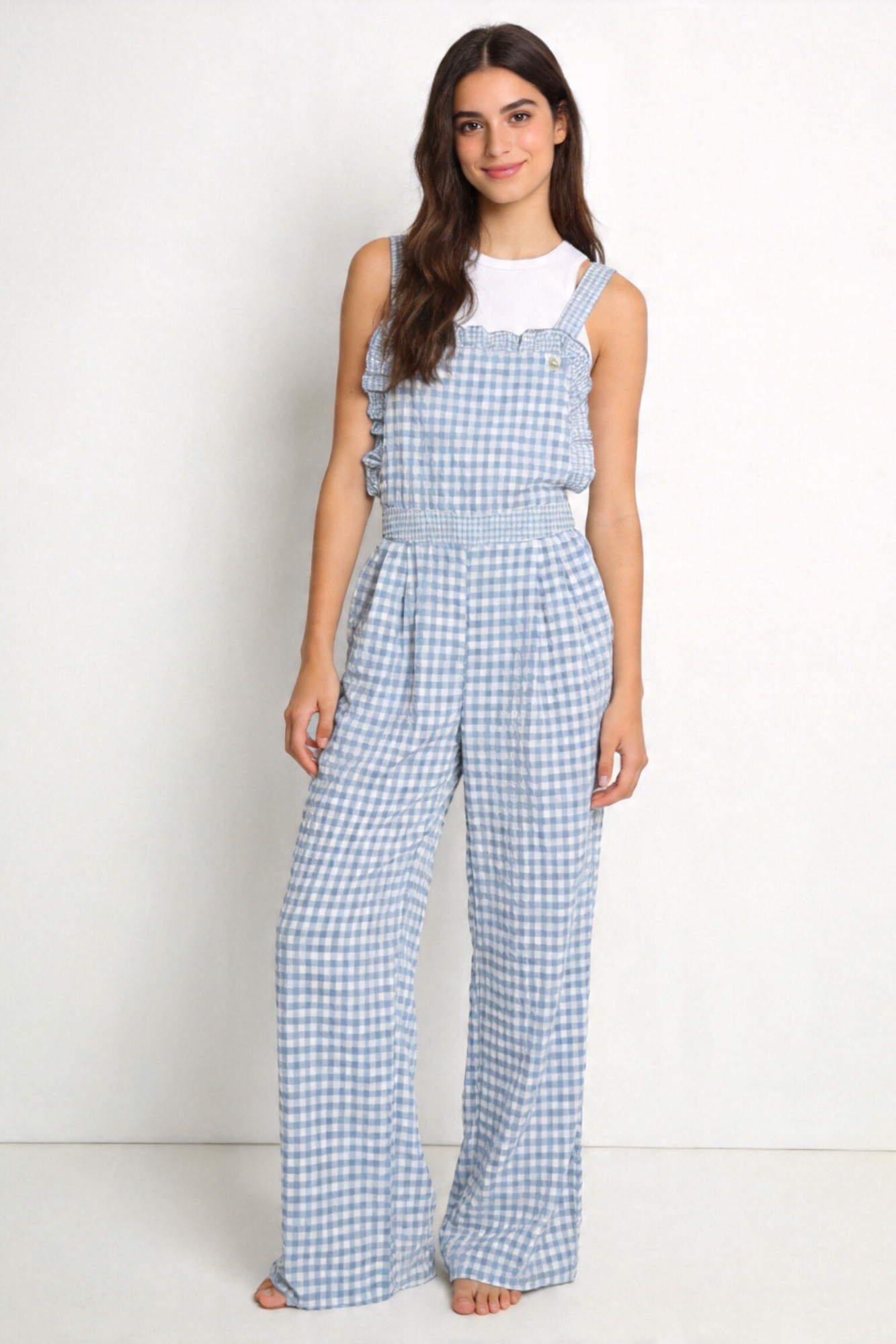 combinaison salopette vichy bleue à jambes larges