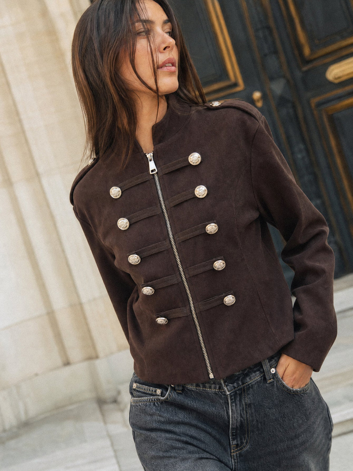 Veste officier zip central marron