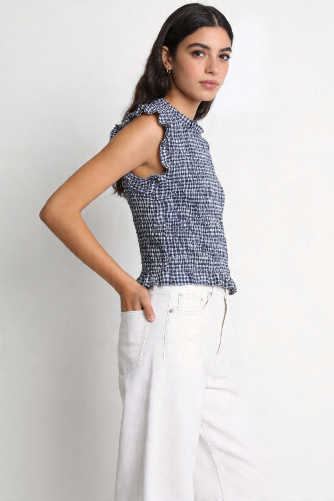 top fille carreaux bleu nuit