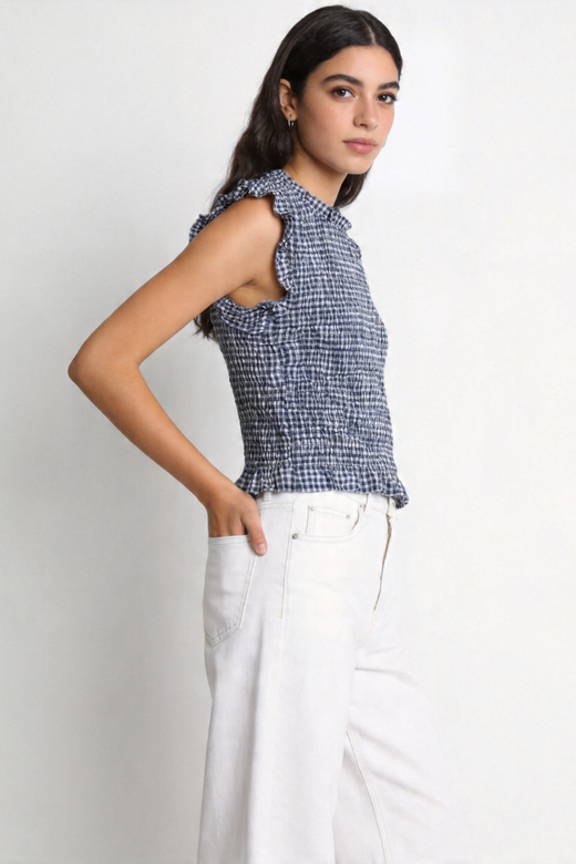 top fille carreaux bleu nuit