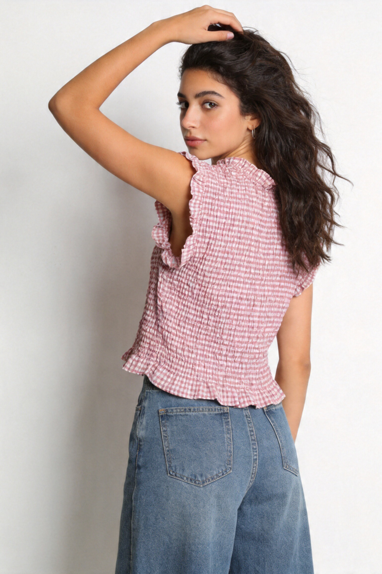 top fille dos motif carreaux rose
