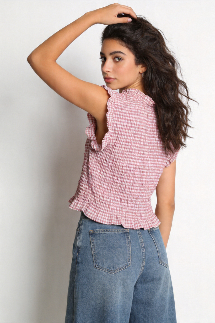 top fille dos motif carreaux rose