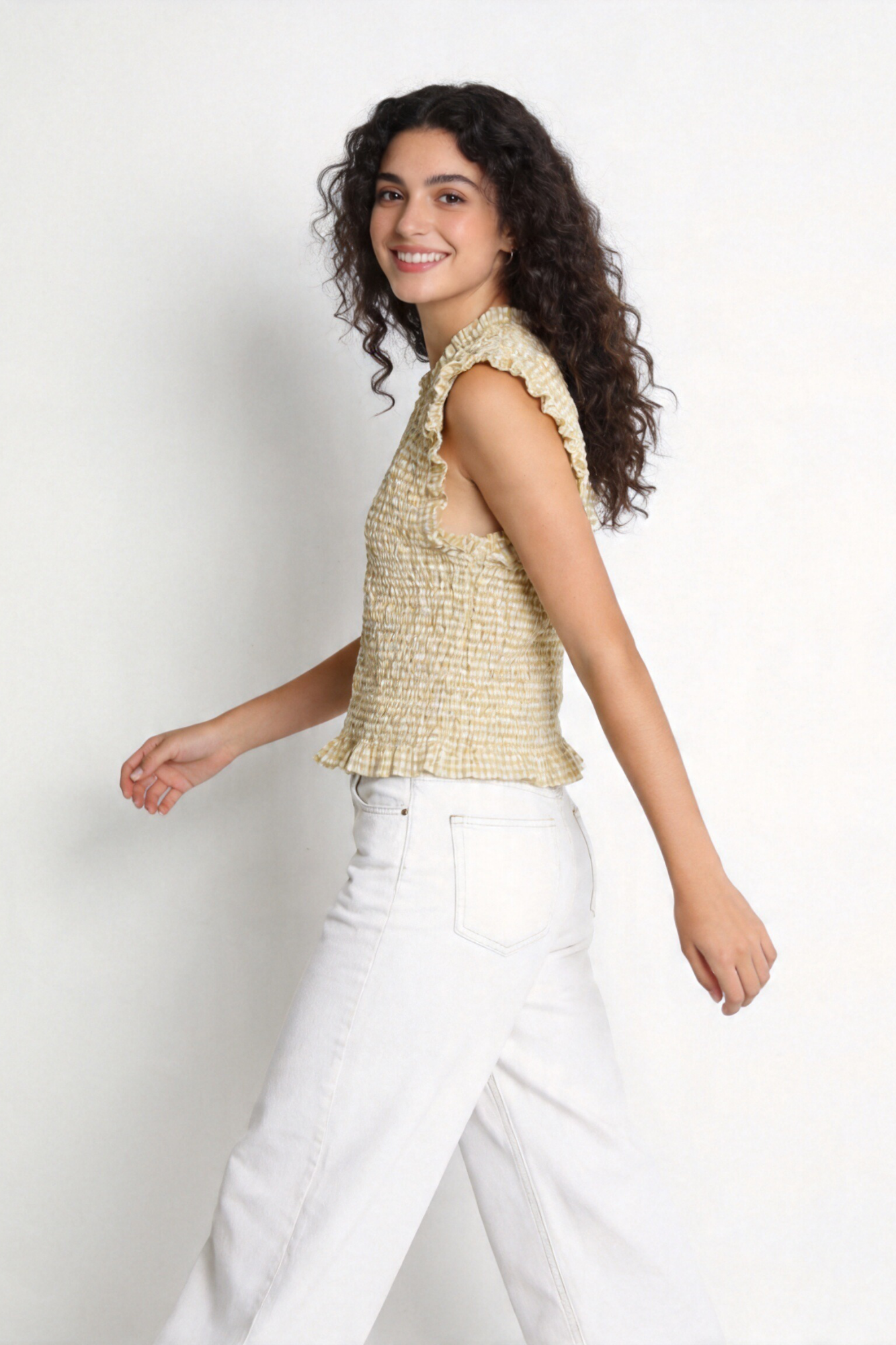 top fille carreaux jaune