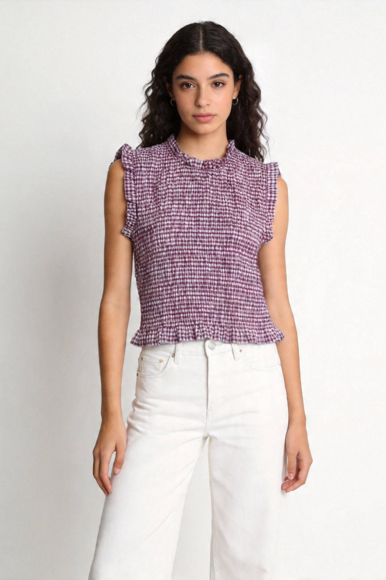 top fille carreaux violet