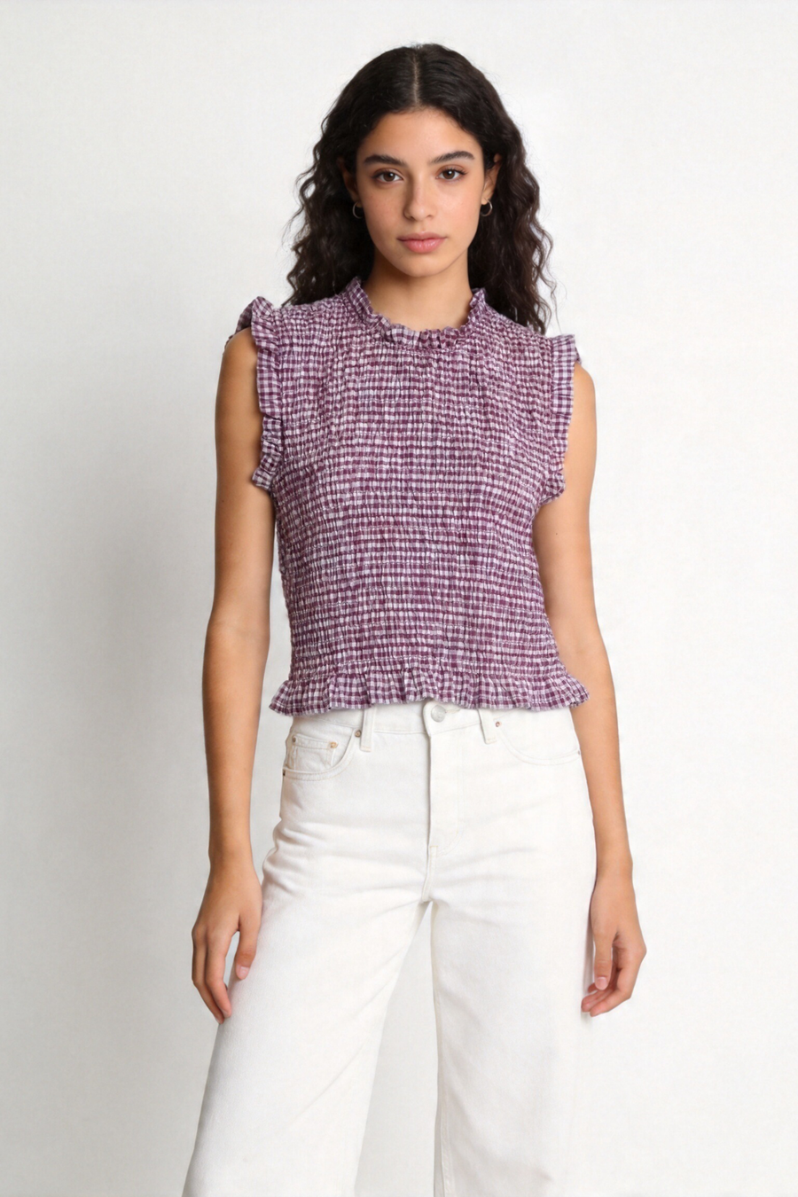 top fille carreaux violet