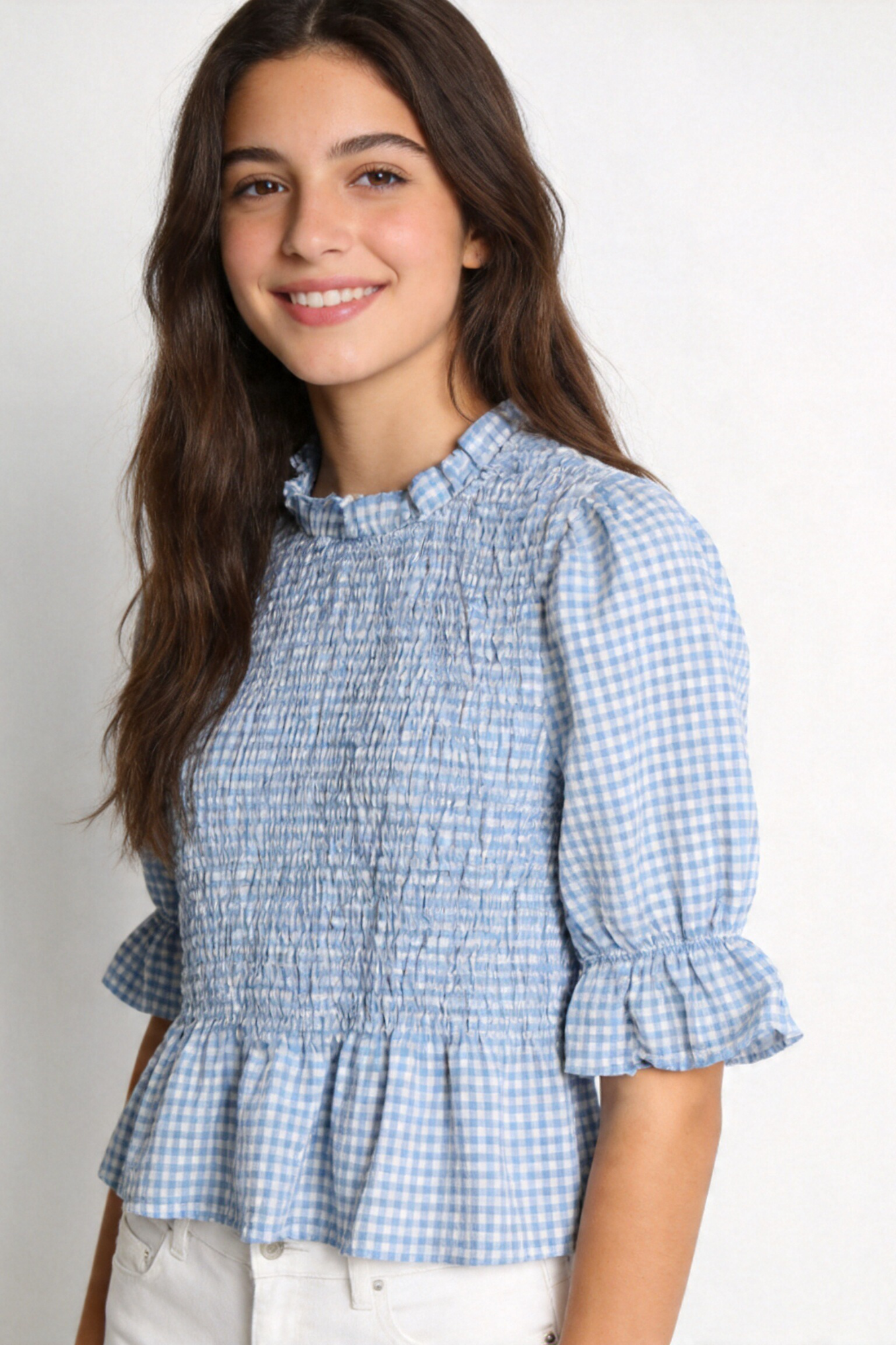 blouse à carreaux bleu clair détail matière texturée