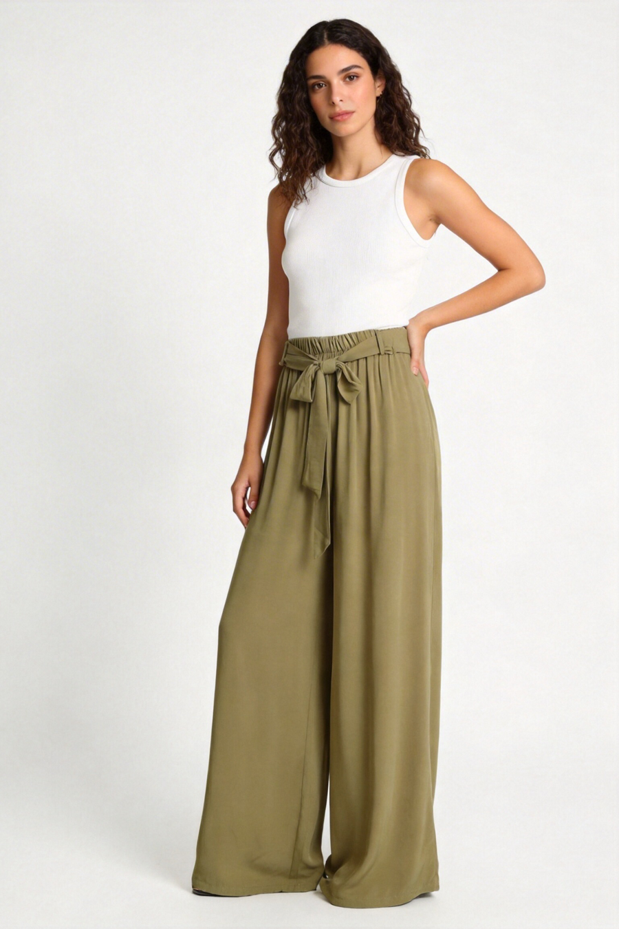 pantalon ample viscose olive taille haute porté