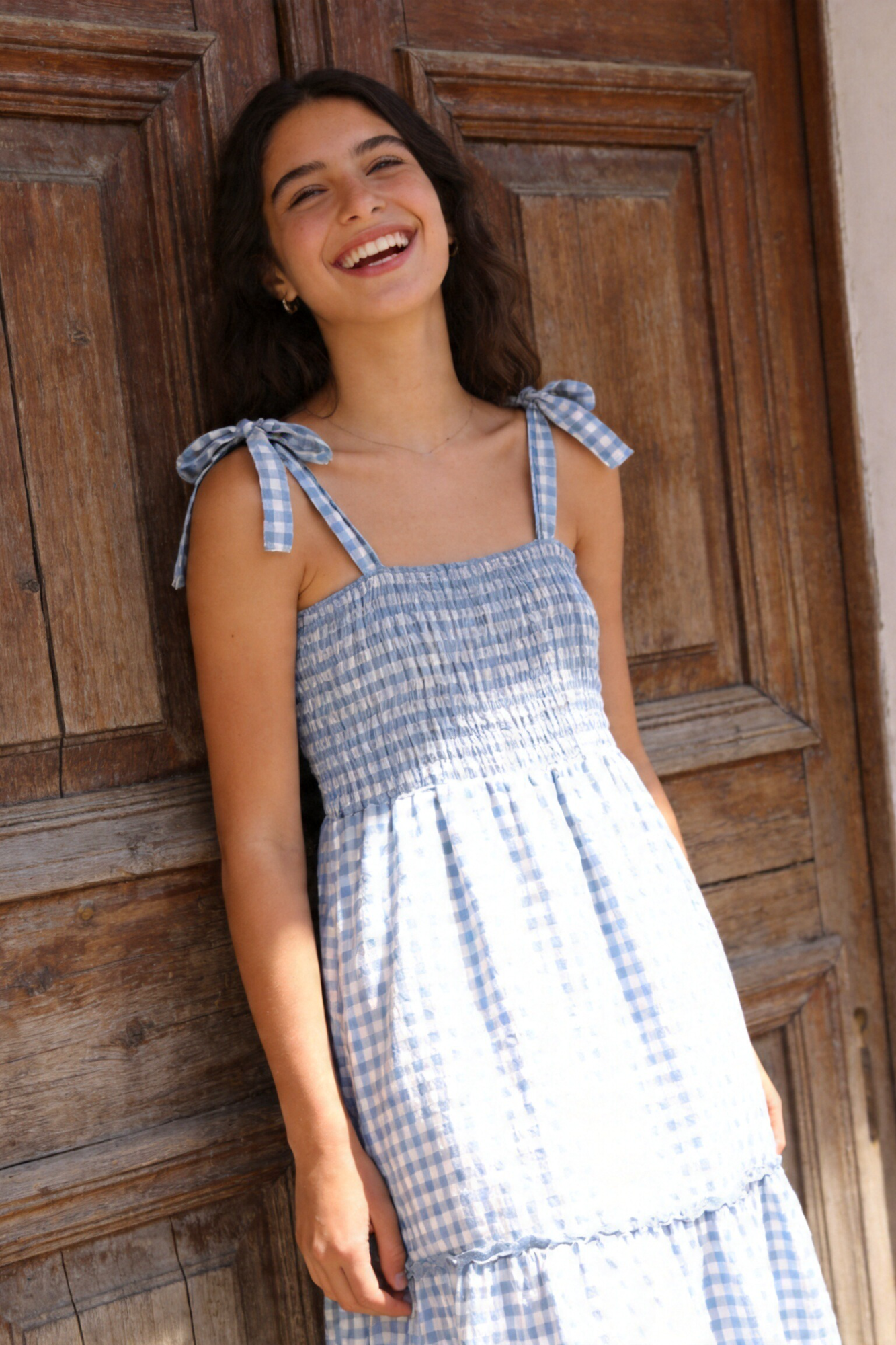 robe à carreaux bleu clair bretelles larges smockée