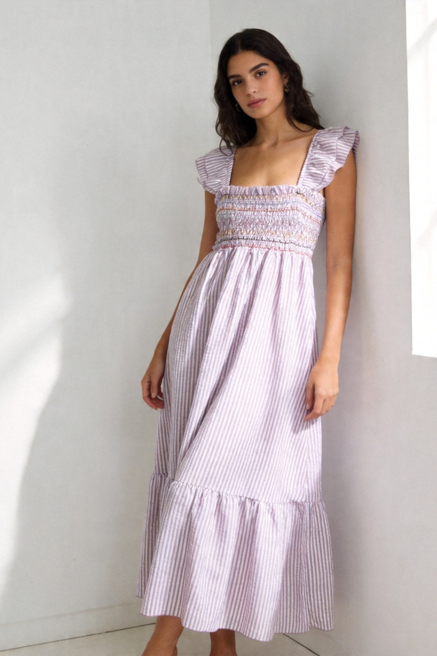 robe midi rayée coton lilas smocks portée
