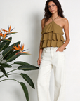 top halter coton olive porté femme