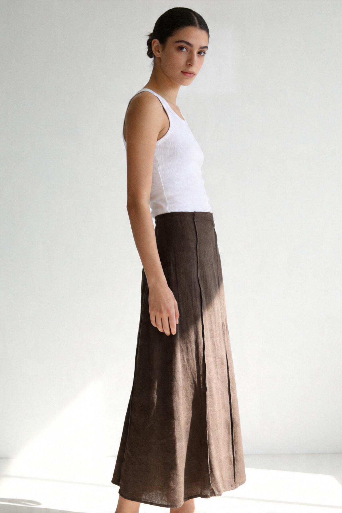 jupe midi lin viscose marron vue profil